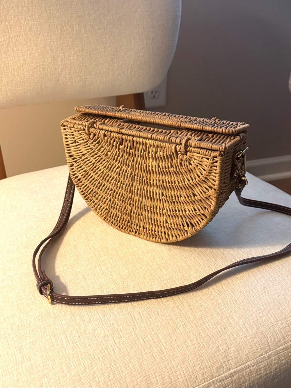 Woven Half-Moon Crossbody Bag in Natural Rattan